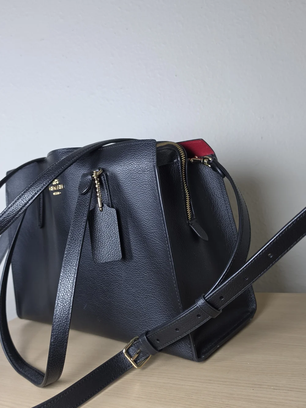 Coach Tatum Carryall Black Pebble Leather Tote Bag Crossbody Red Lining C4078